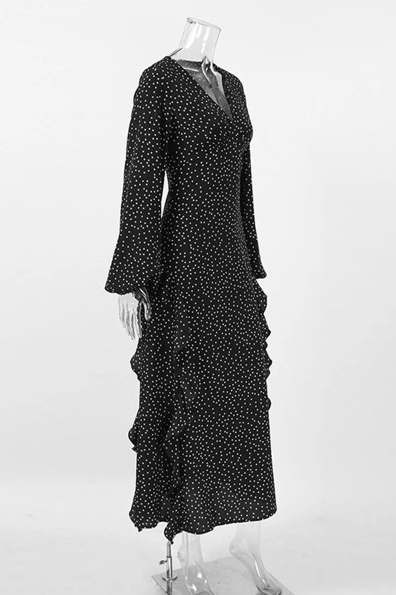 Street Elegant Polka Dot Patchwork Ruffle V Neck One Step Skirt Dresses