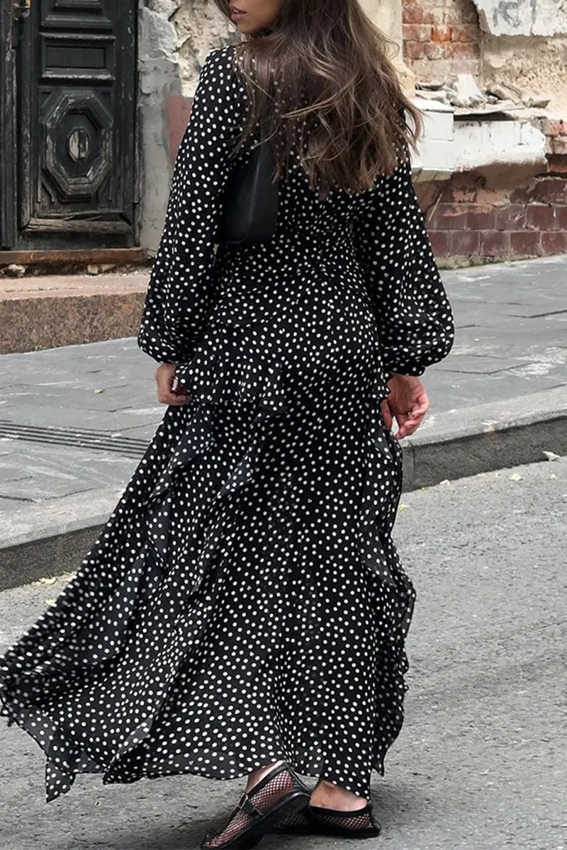 Street Elegant Polka Dot Patchwork Ruffle V Neck One Step Skirt Dresses