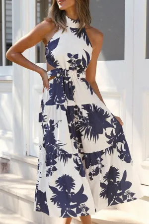 Street Print Backless Mandarin Collar A Line Dresses