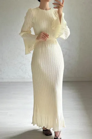 Street Solid Patchwork Pleated O Neck Long Dress Dresses