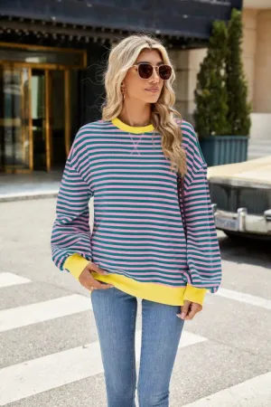 Striped Crew Neck Contrast Color Loose Long Sleeve Sweater - Green and Pink Striped