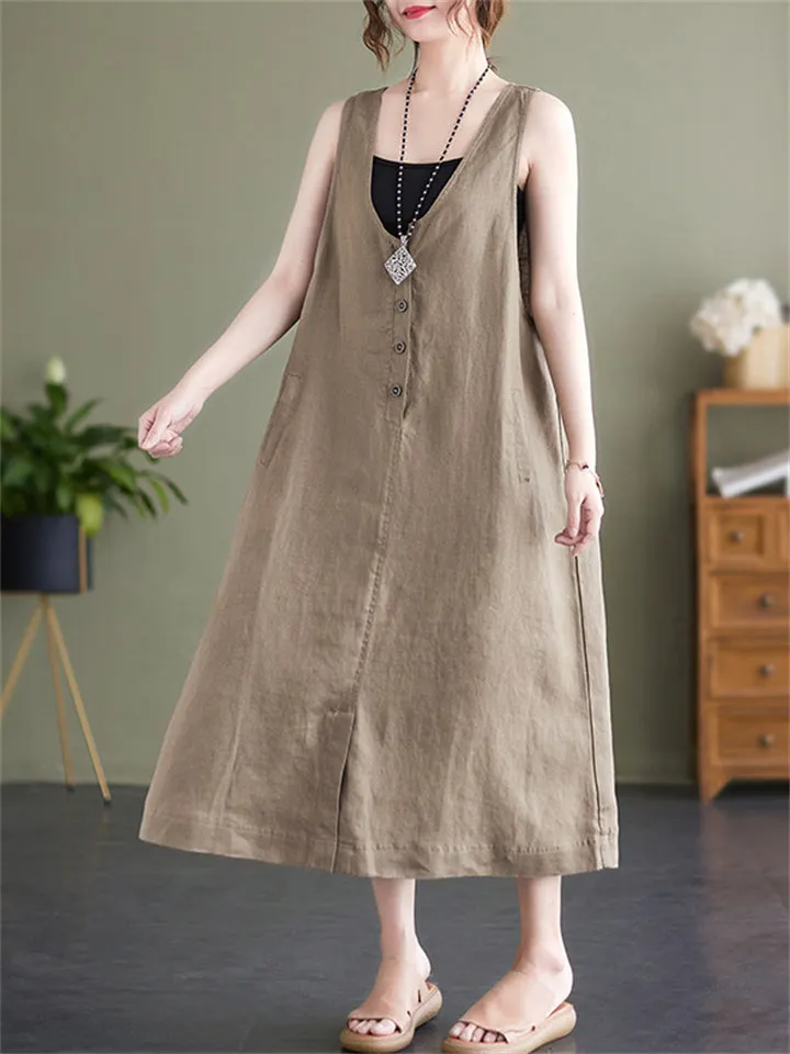 Summer U Neck Sleeveless Loose Linen A-Line Dress for Women