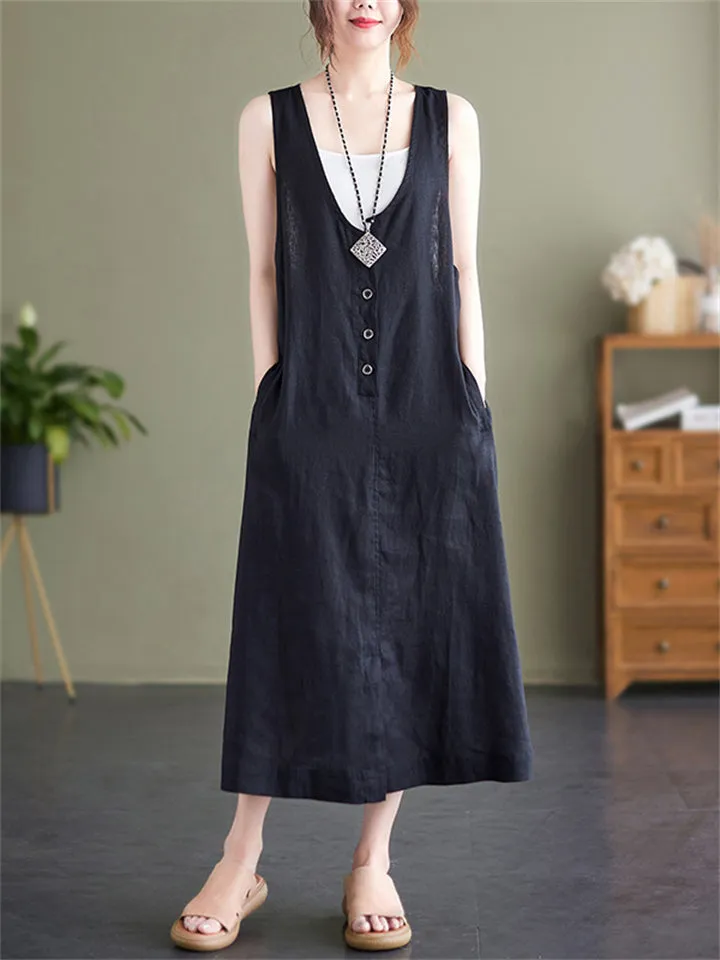 Summer U Neck Sleeveless Loose Linen A-Line Dress for Women