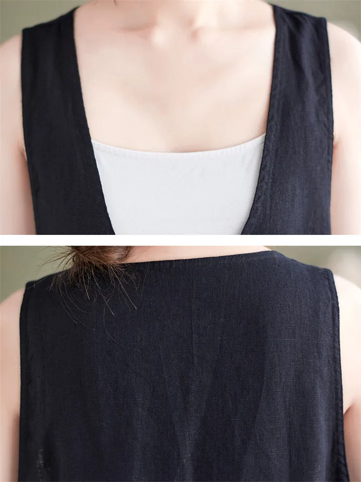Summer U Neck Sleeveless Loose Linen A-Line Dress for Women