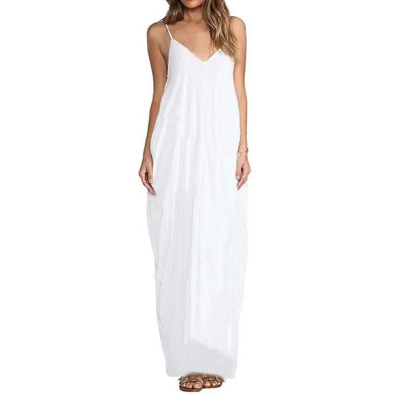 Summer Women Dress Sexy V Neck Sleeveless Thin Beach Dresses Ladies Casual Loose Long Maxi Dress