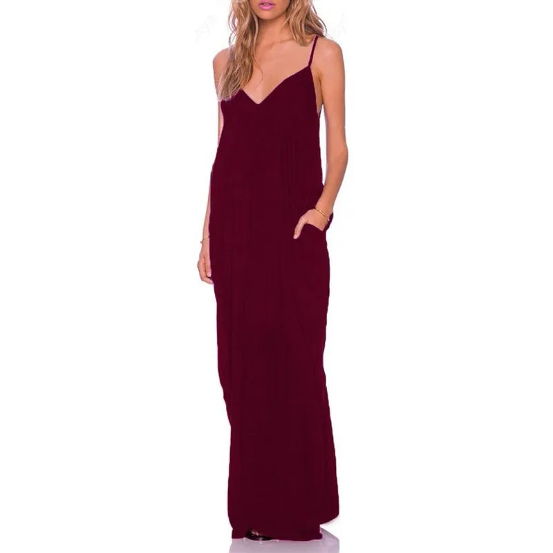 Summer Women Dress Sexy V Neck Sleeveless Thin Beach Dresses Ladies Casual Loose Long Maxi Dress