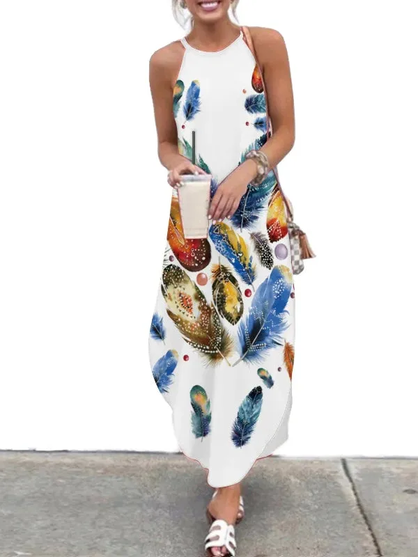 Summer Women Long Skirt Suspender Long Skirt Printed Dress
