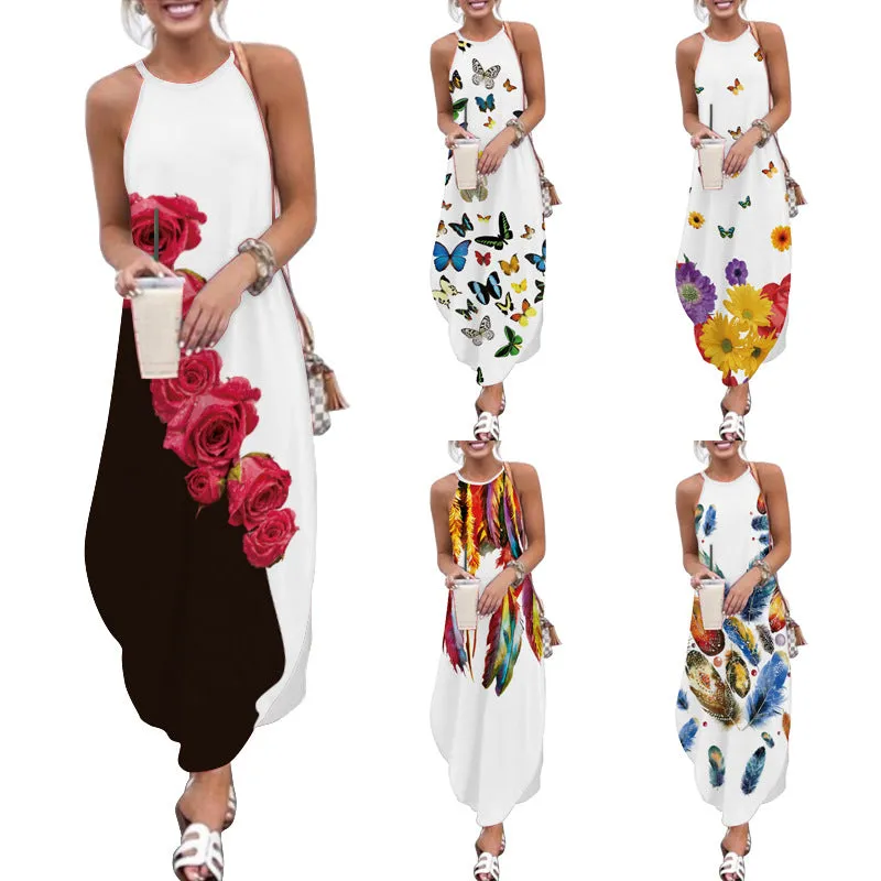 Summer Women Long Skirt Suspender Long Skirt Printed Dress