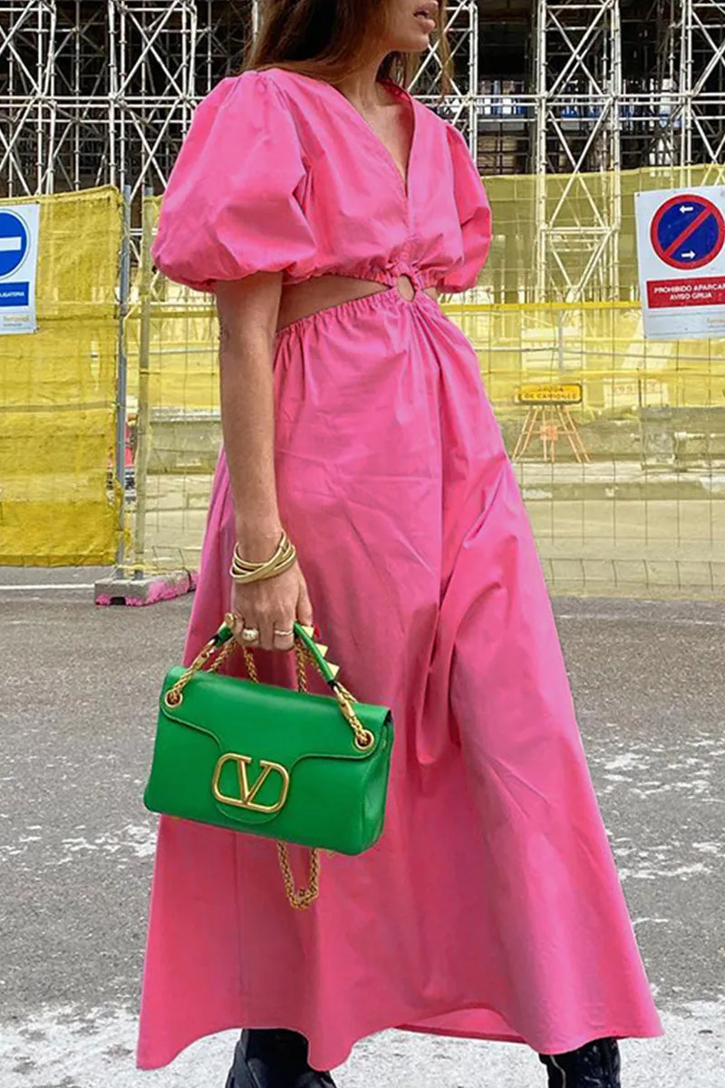 Sweet Solid Hollowed Out V Neck A Line Dresses
