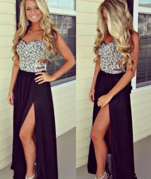 Sweetheart Neck Beaded Black Prom Dresses, Black Formal Dresses, Evening Dresses