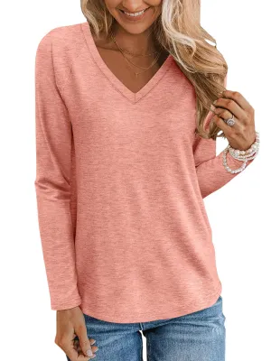 Syellowafter Women V Neck Long Sleeve Shirts Casual Fall Tops Lightweight Loose Fit Tunic Blouses Coral