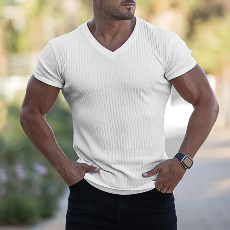T-shirt en maille col V à manches courtes style rétro