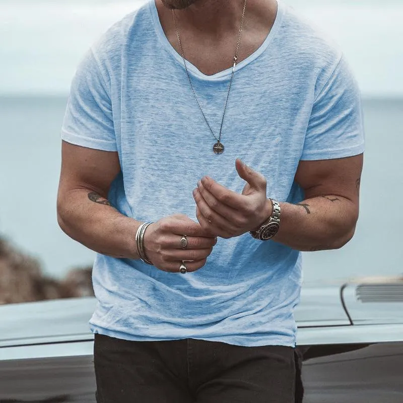 T-shirt homme couleur unie ample col rond bas chemise vintage