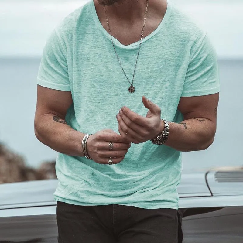 T-shirt homme couleur unie ample col rond bas chemise vintage