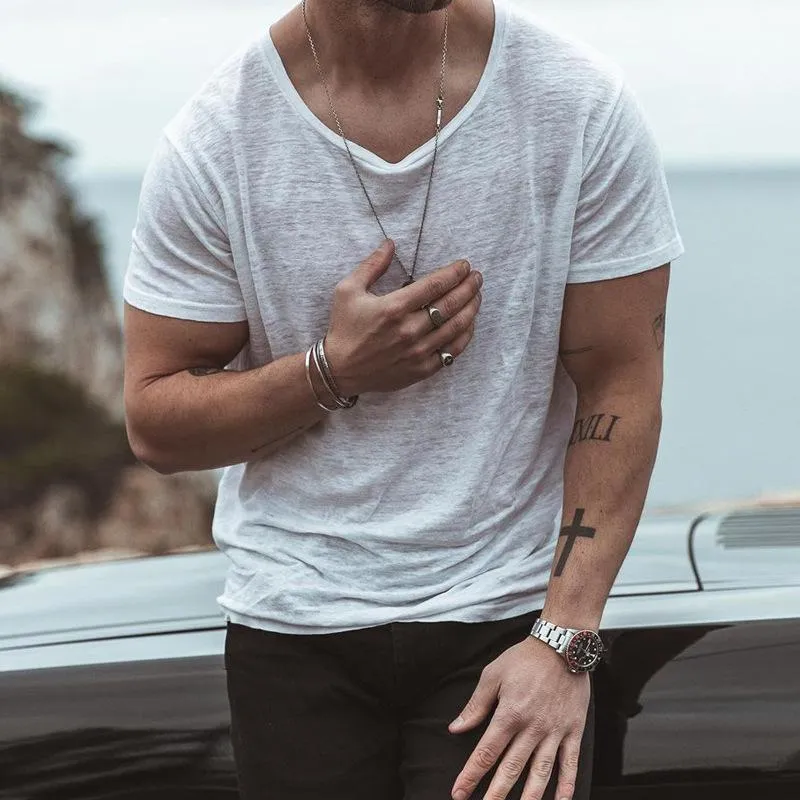 T-shirt homme couleur unie ample col rond bas chemise vintage