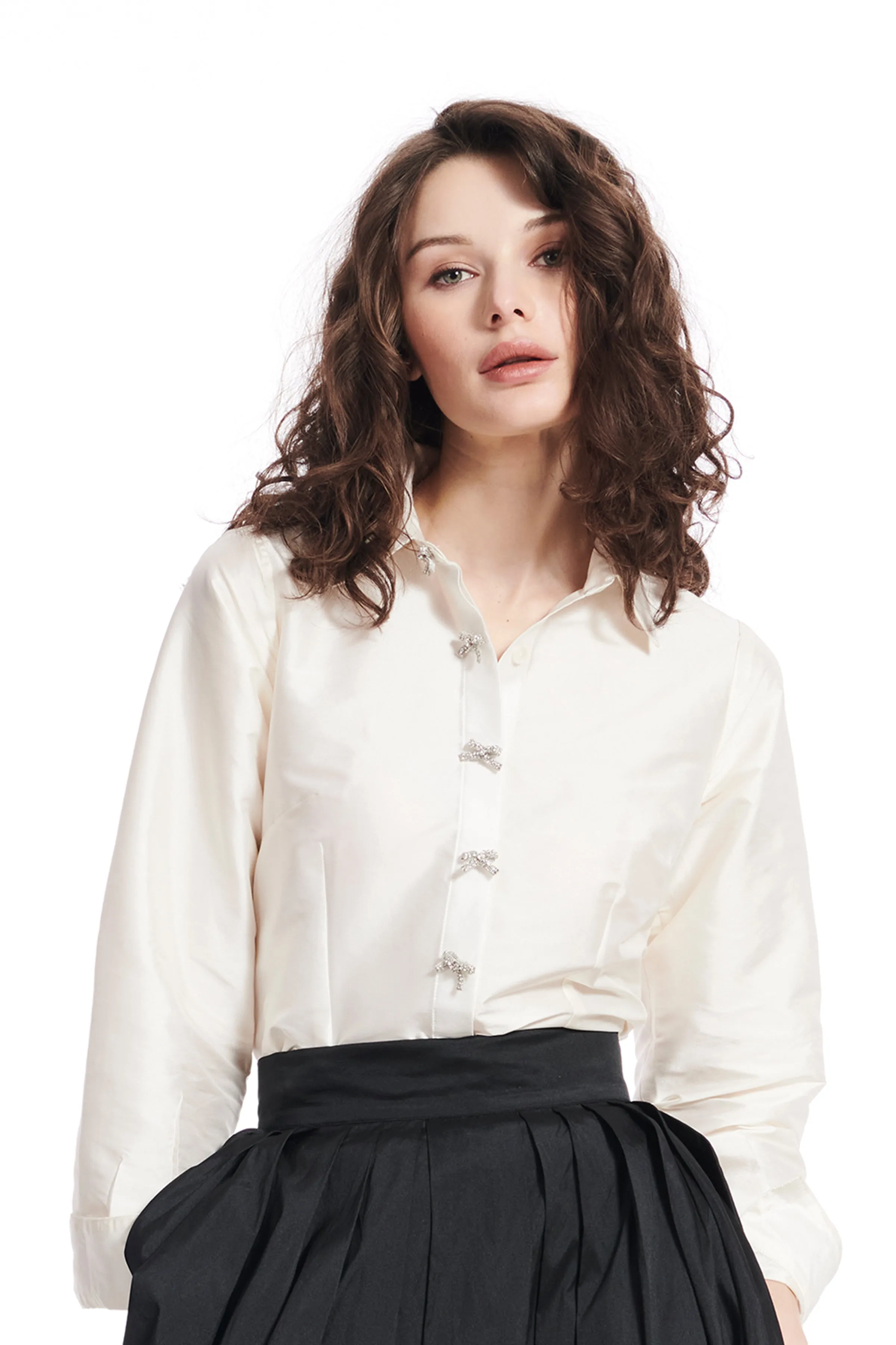 TAFFETA BLOUSE WITH CRYSTAL BOW BUTTONS AND SASH LIGHT BLUE