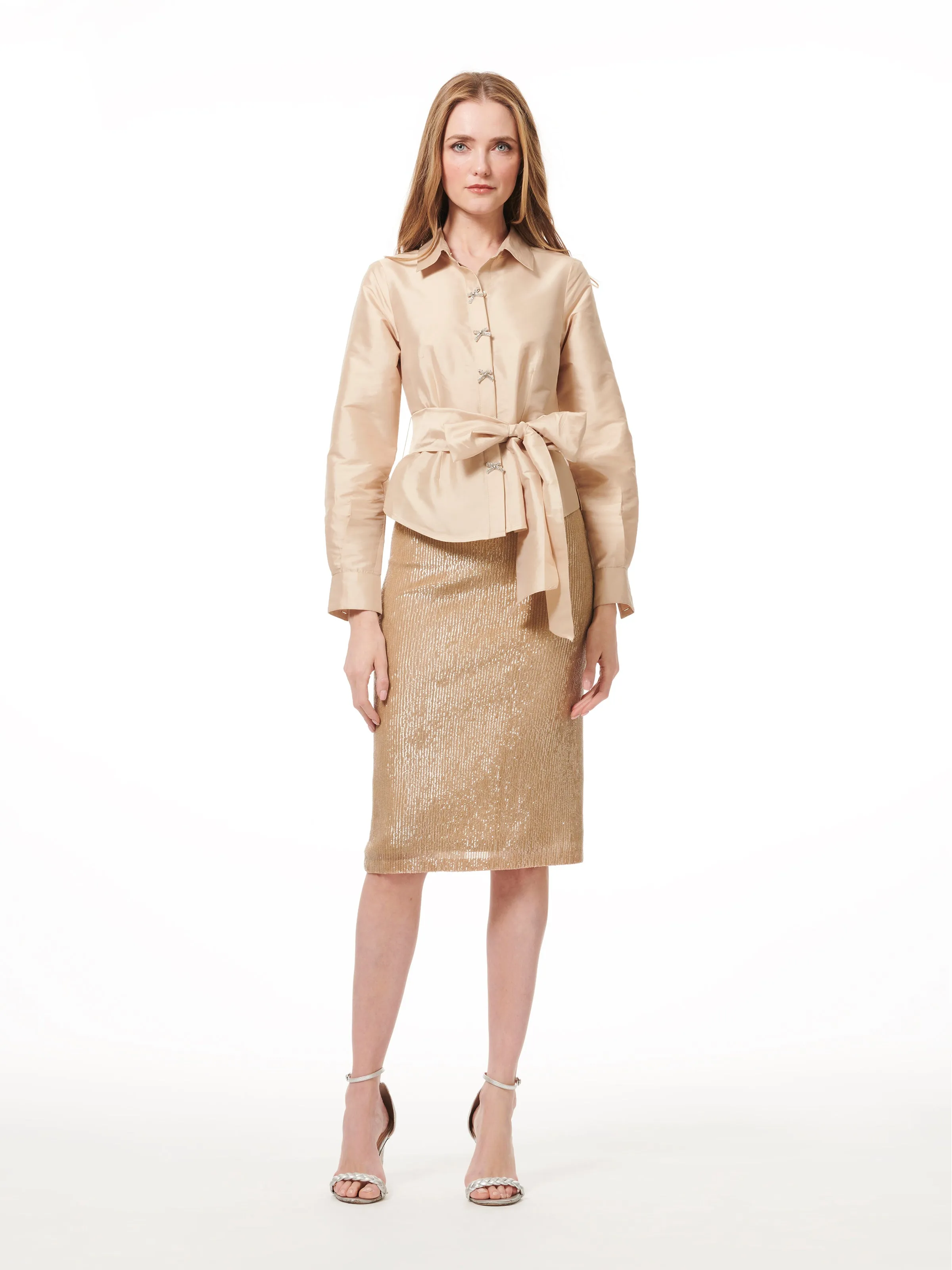 TAFFETA BLOUSE WITH CRYSTAL BOW BUTTONS AND SASH LIGHT BLUE