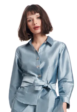 TAFFETA BLOUSE WITH CRYSTAL BOW BUTTONS AND SASH LIGHT BLUE
