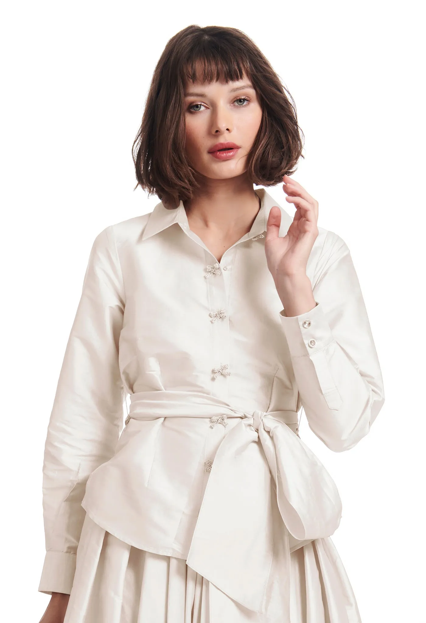 TAFFETA BLOUSE WITH CRYSTAL BOW BUTTONS AND SASH LIGHT BLUE