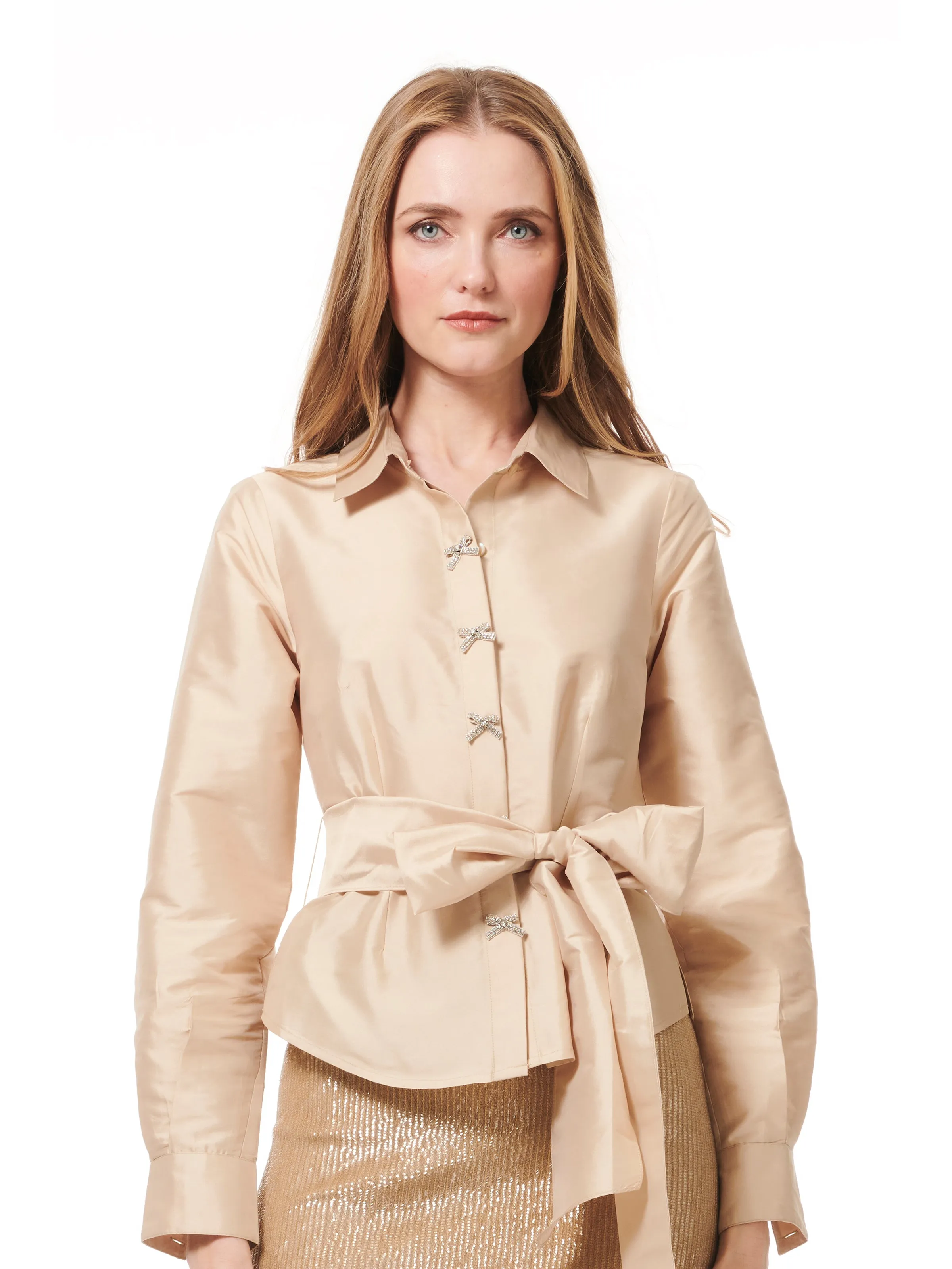 TAFFETA BLOUSE WITH CRYSTAL BOW BUTTONS AND SASH LIGHT BLUE