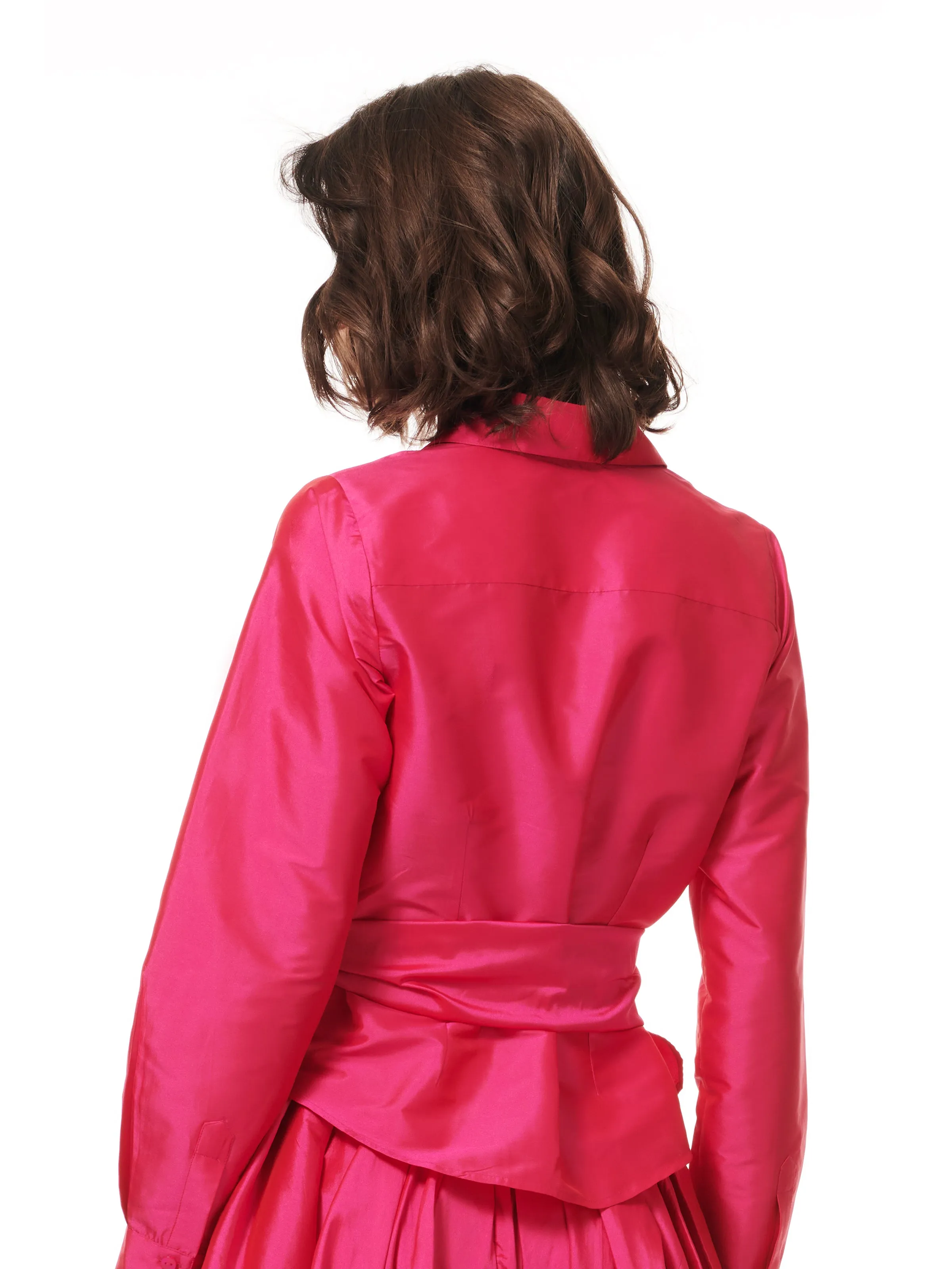 TAFFETA BLOUSE WITH CRYSTAL BOW BUTTONS AND SASH LIGHT BLUE
