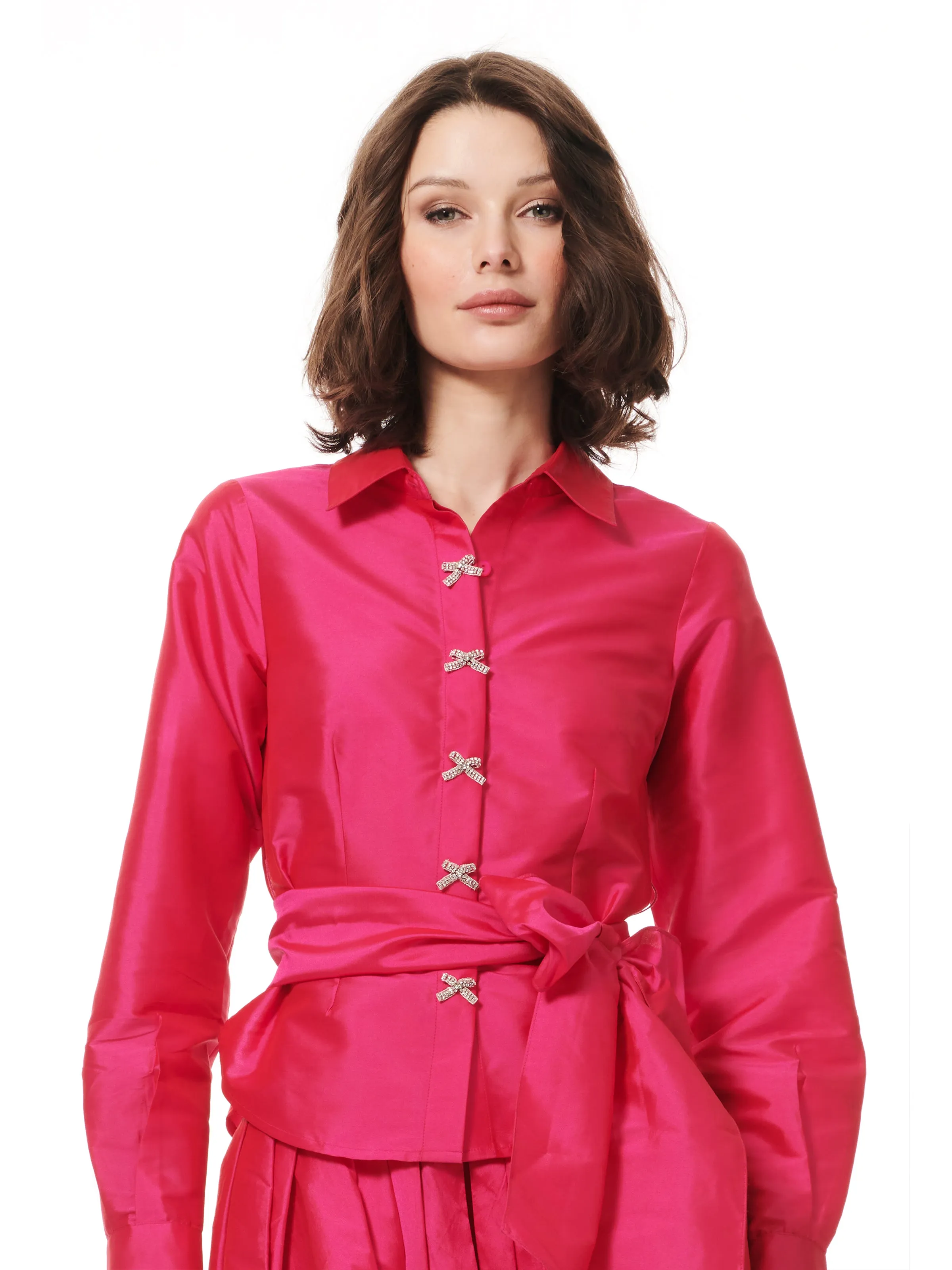 TAFFETA BLOUSE WITH CRYSTAL BOW BUTTONS AND SASH LIGHT BLUE