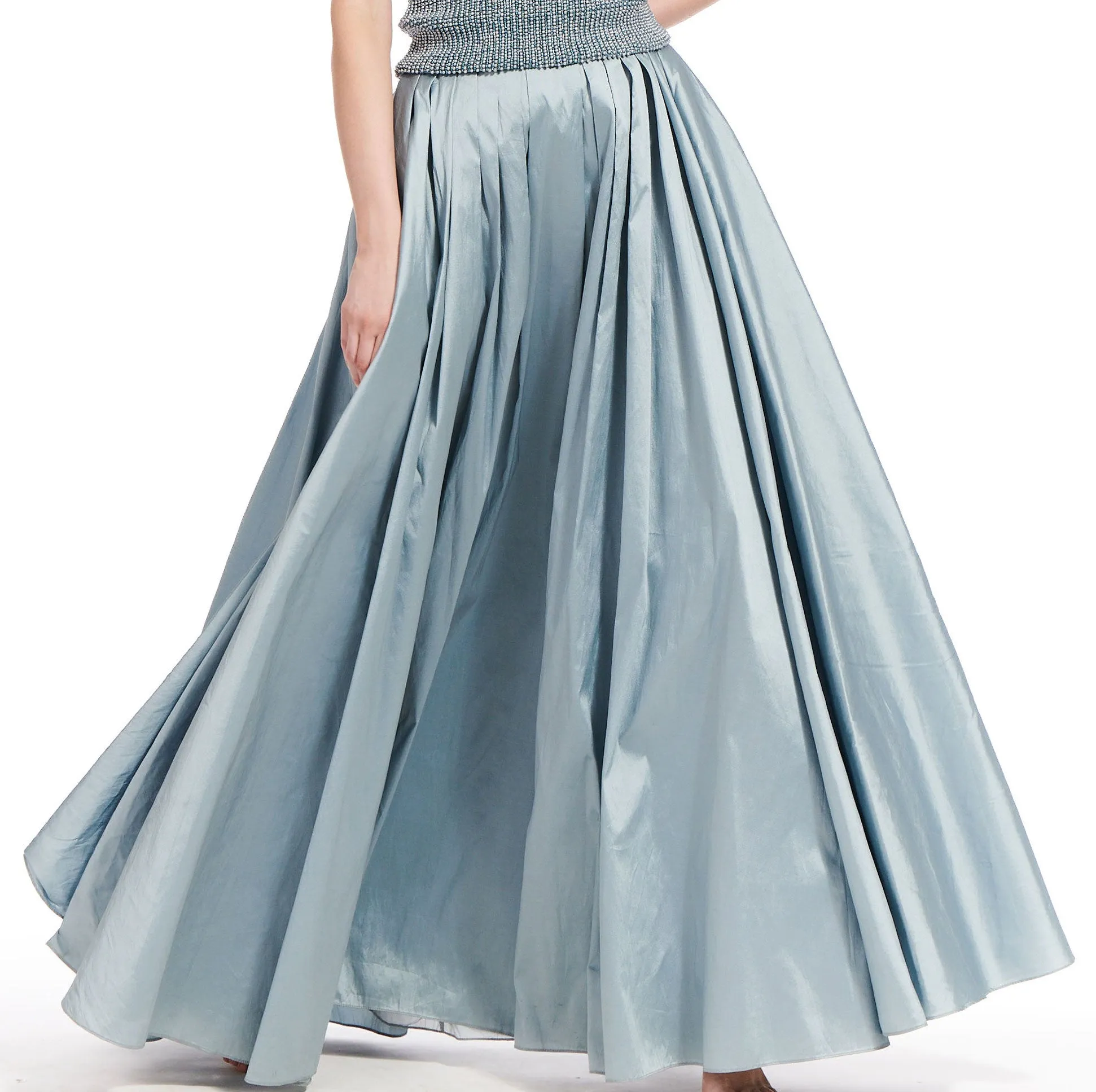 TAFFETA BLOUSE WITH CRYSTAL BOW BUTTONS AND SASH LIGHT BLUE