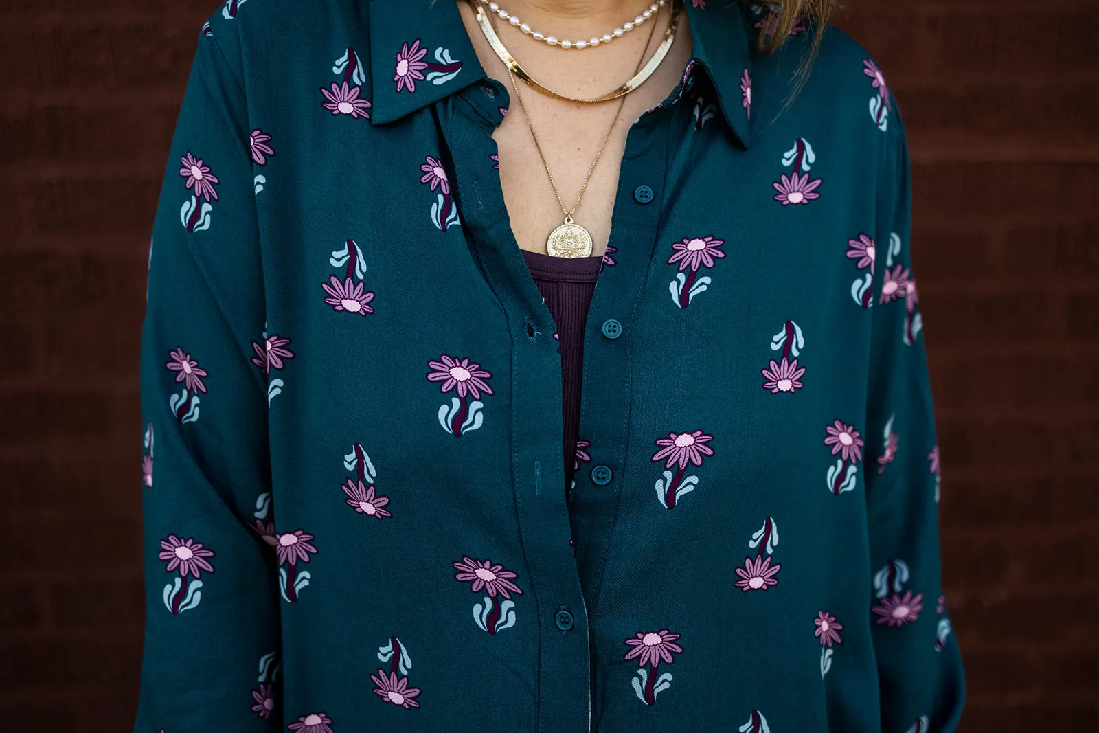 tallulah button down in sad flower