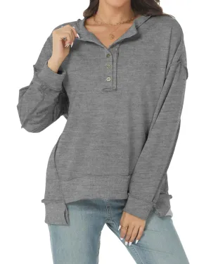 Tanou Womens 2024 Oversized Sweatshirts Long Sleeve Button Up Hoodies Henley V Neck Casual Pullover Hooded Tunic Grey