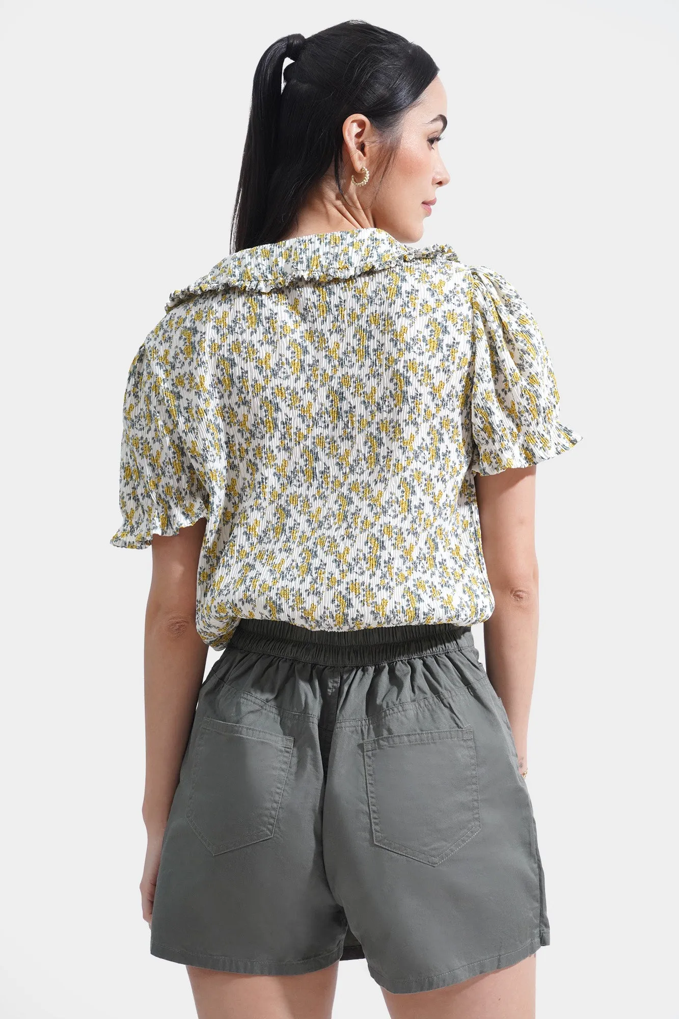 Textured Floral Statement Collar Top