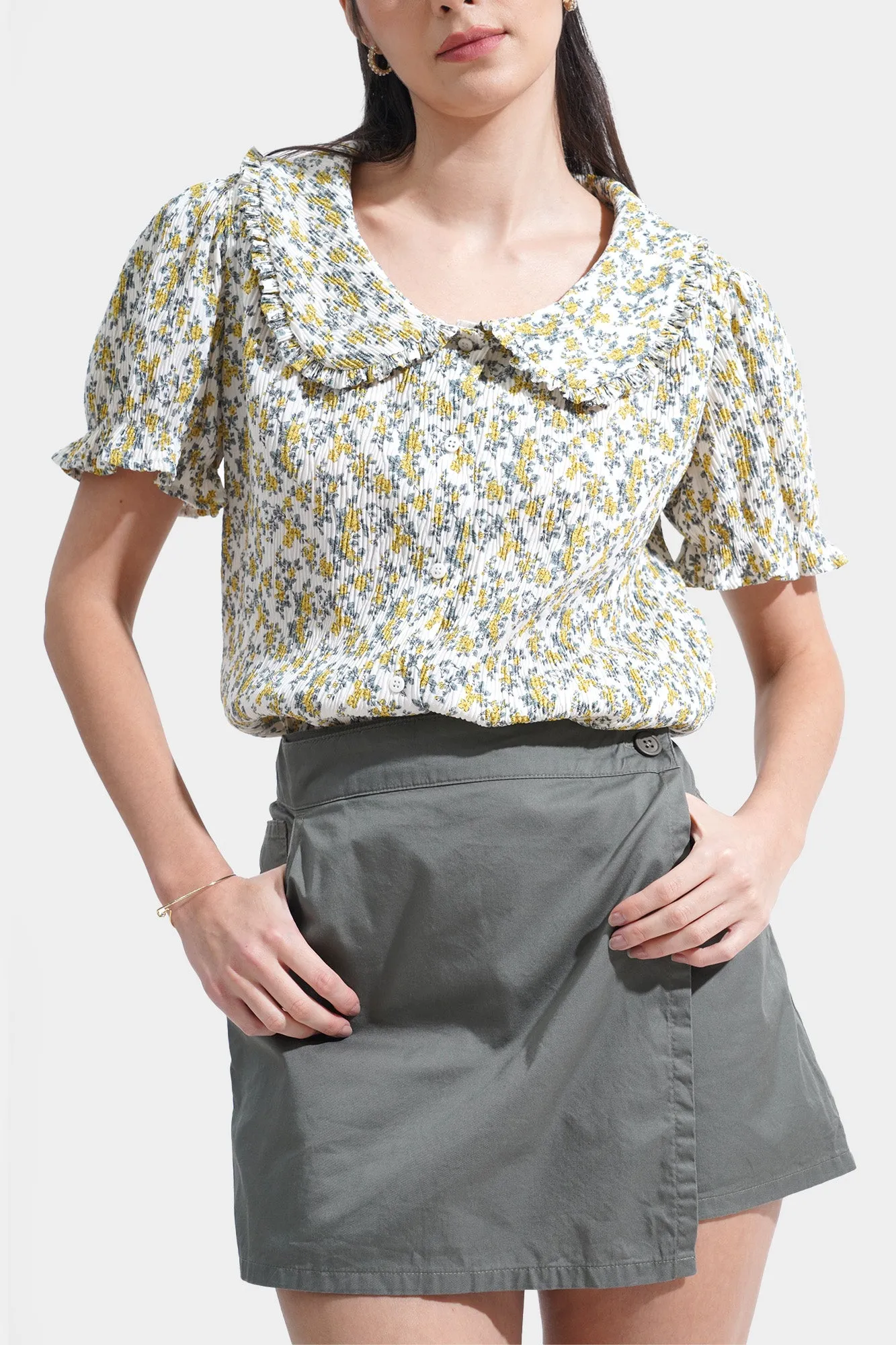 Textured Floral Statement Collar Top