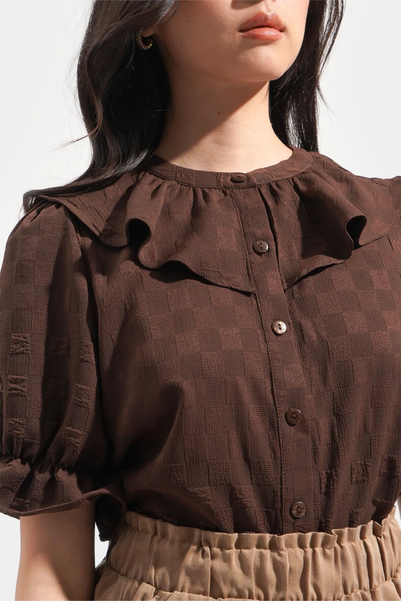 Textured Frill Button Down Top