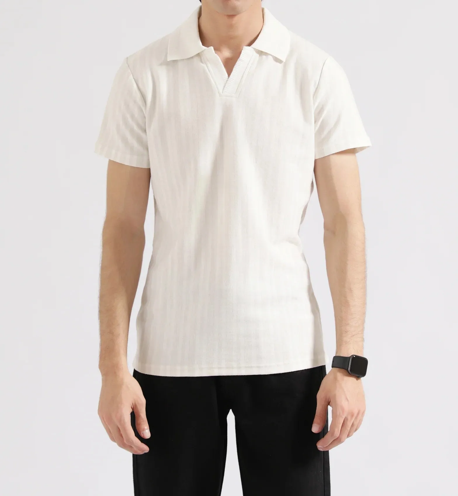 Textured Striped Johnny Collar Polo – Smart Casual T-Shirt