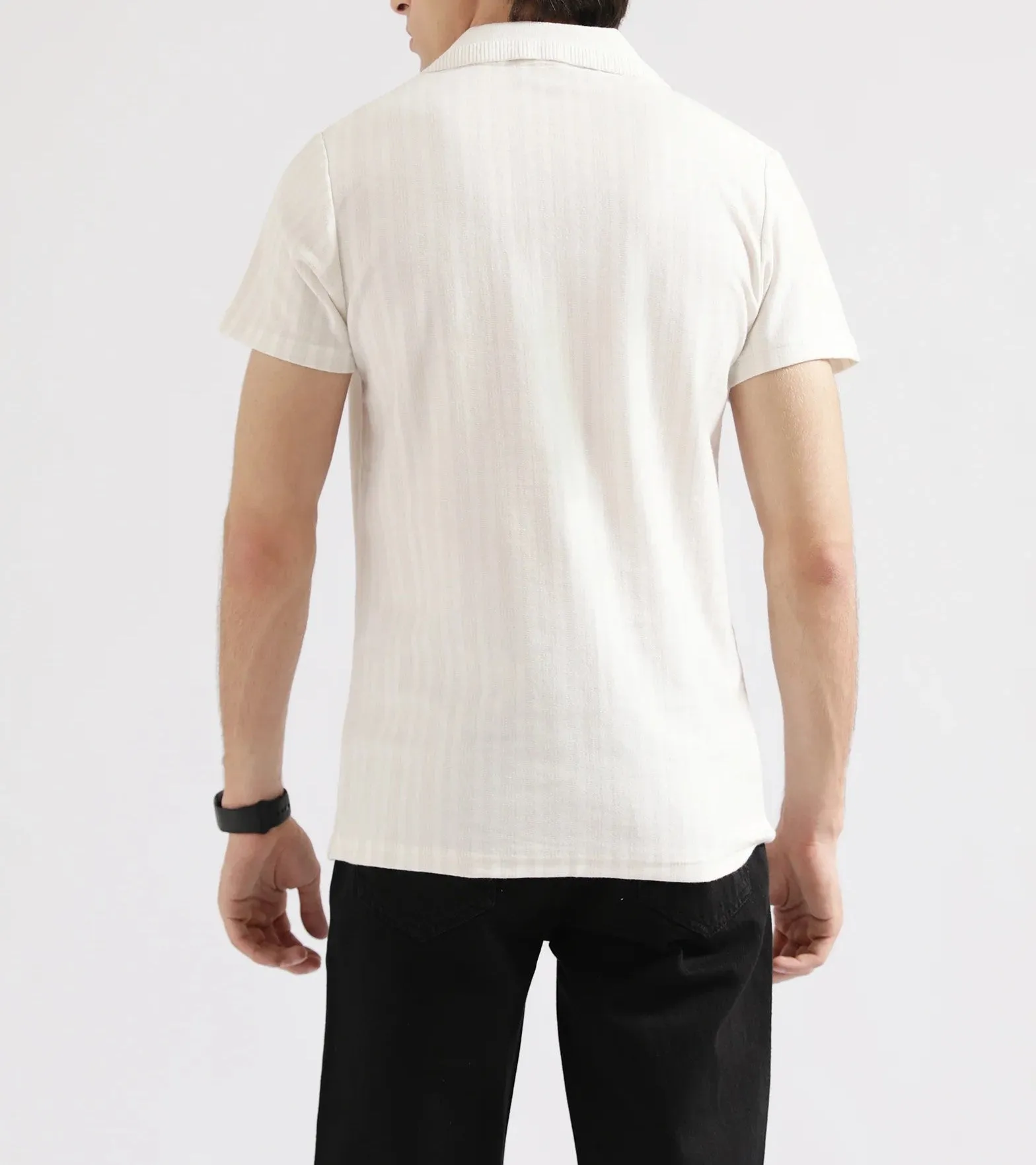 Textured Striped Johnny Collar Polo – Smart Casual T-Shirt