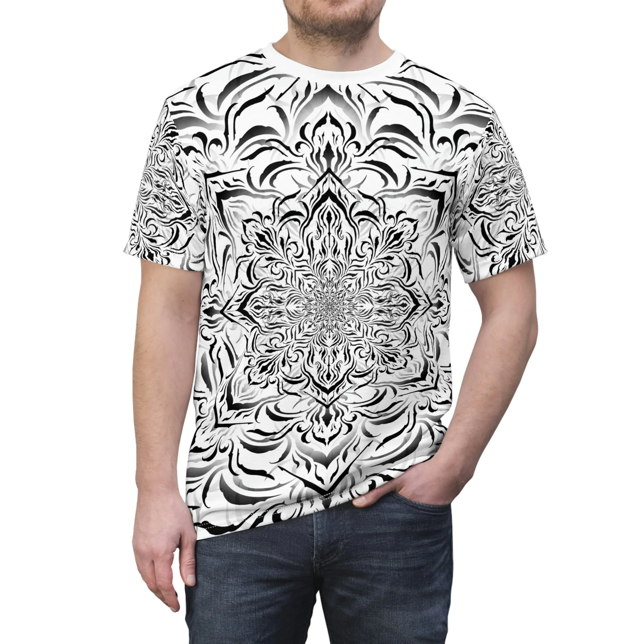 Tibetan Ornament White AOP Crew - Yantrat Design