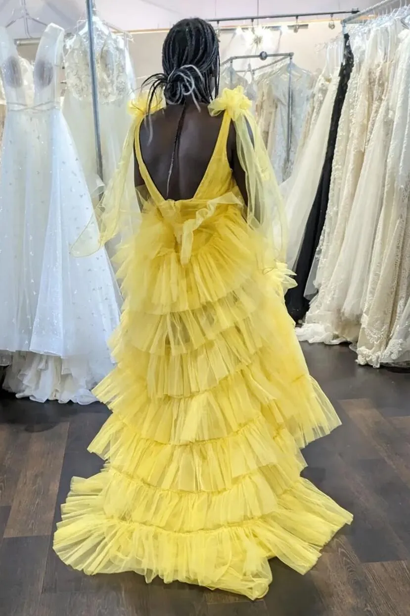 Tie Shoulders Yellow Tulle Ruffle Long Party Dress