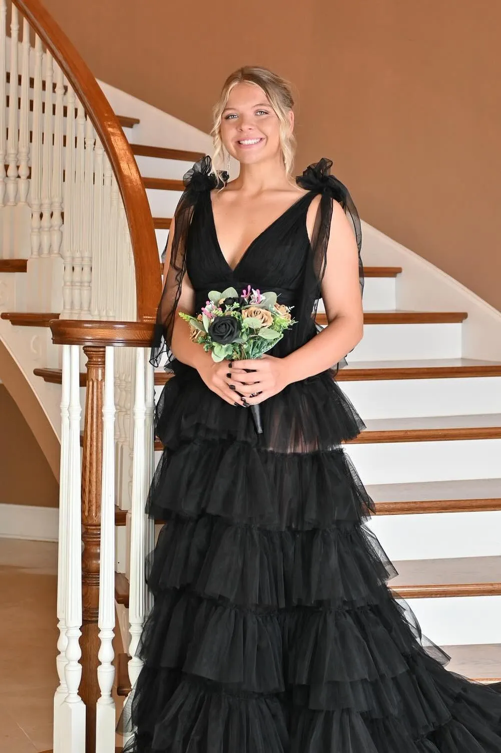 Tie Shoulders Yellow Tulle Ruffle Long Party Dress