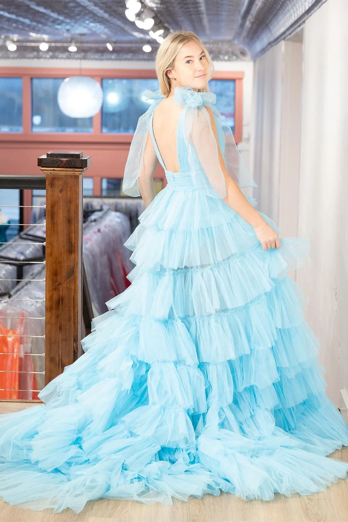 Tie Shoulders Yellow Tulle Ruffle Long Party Dress