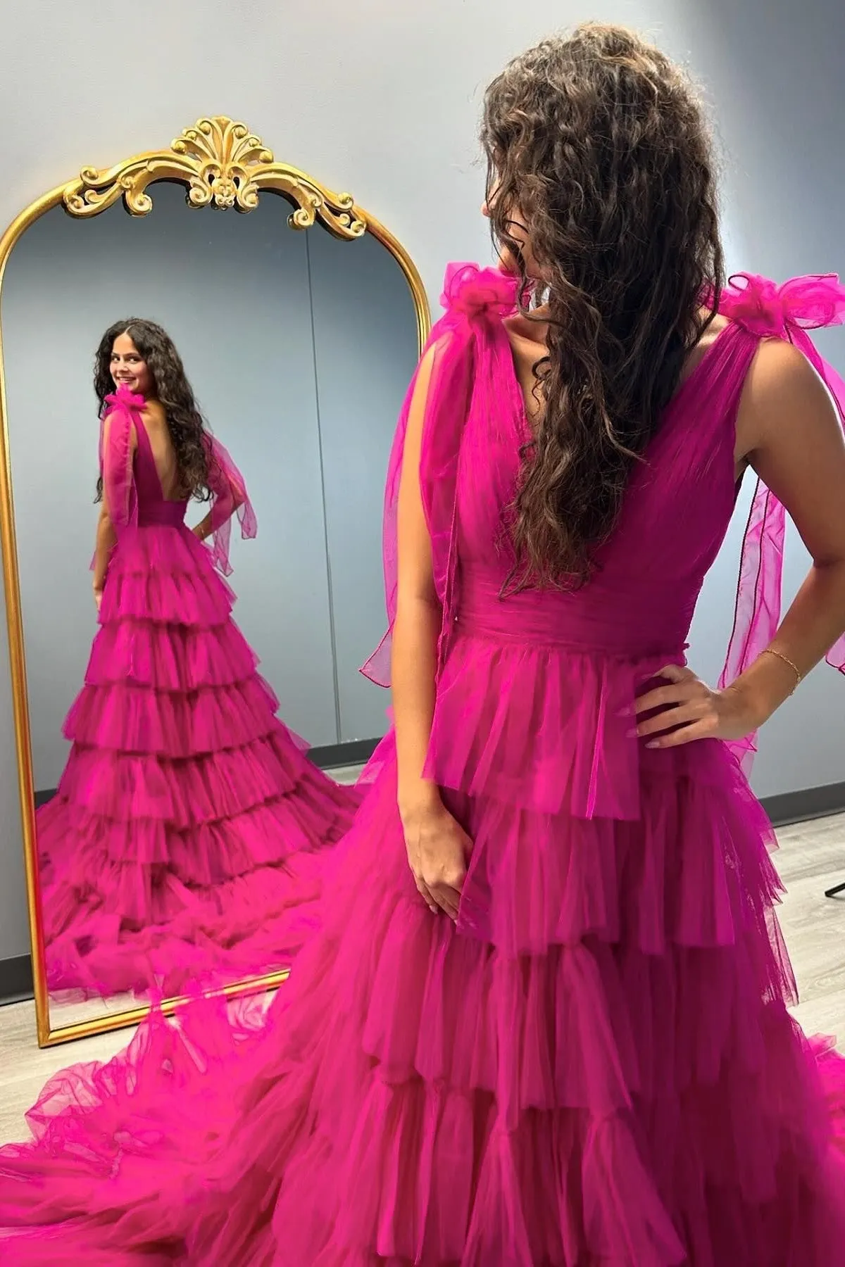 Tie Shoulders Yellow Tulle Ruffle Long Party Dress