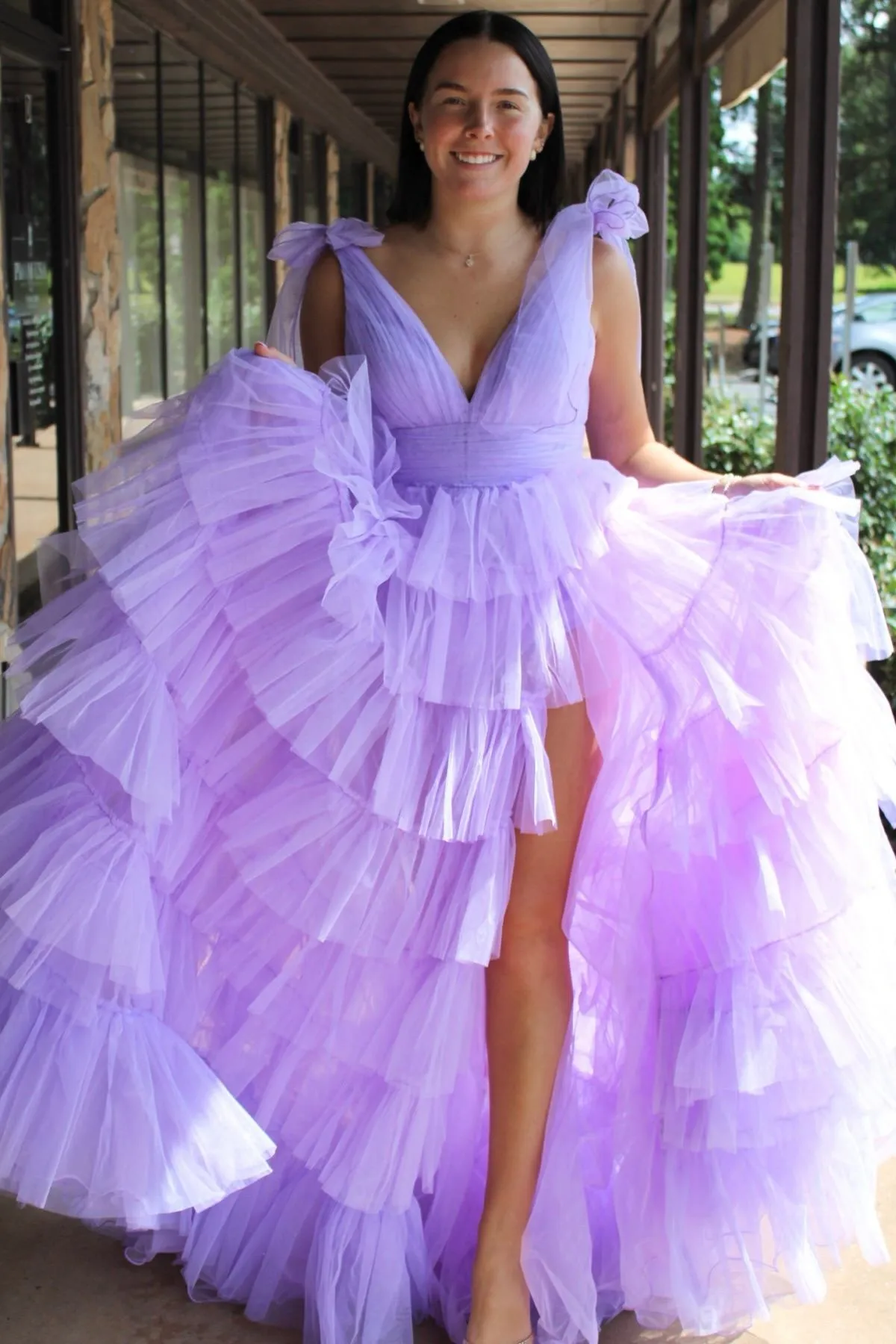 Tie Shoulders Yellow Tulle Ruffle Long Party Dress
