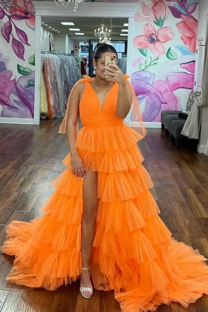 Tie Shoulders Yellow Tulle Ruffle Long Party Dress