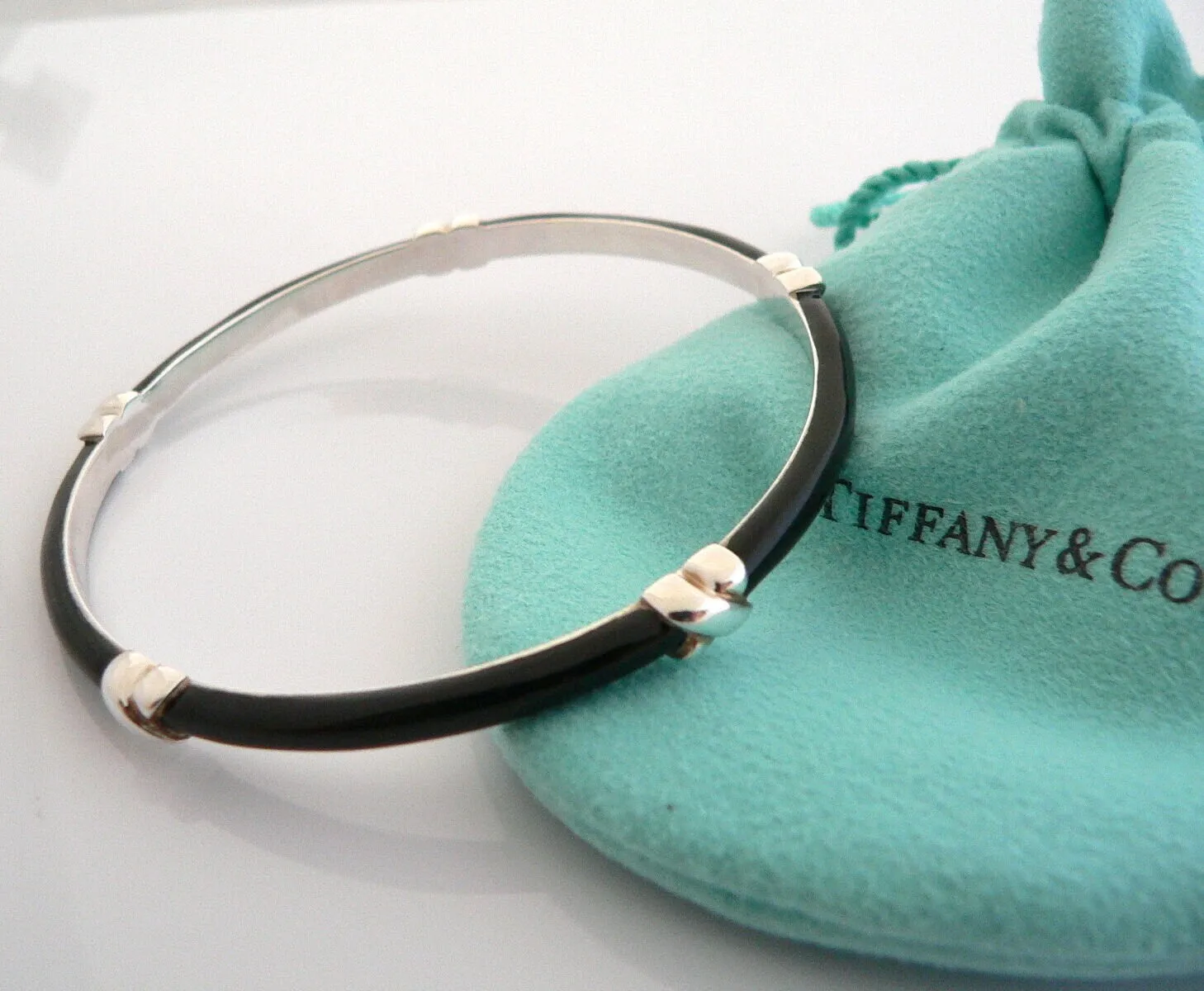Tiffany & Co Silver Black Enamel Signature X Bangle Bracelet Rare Gift Love Pouch