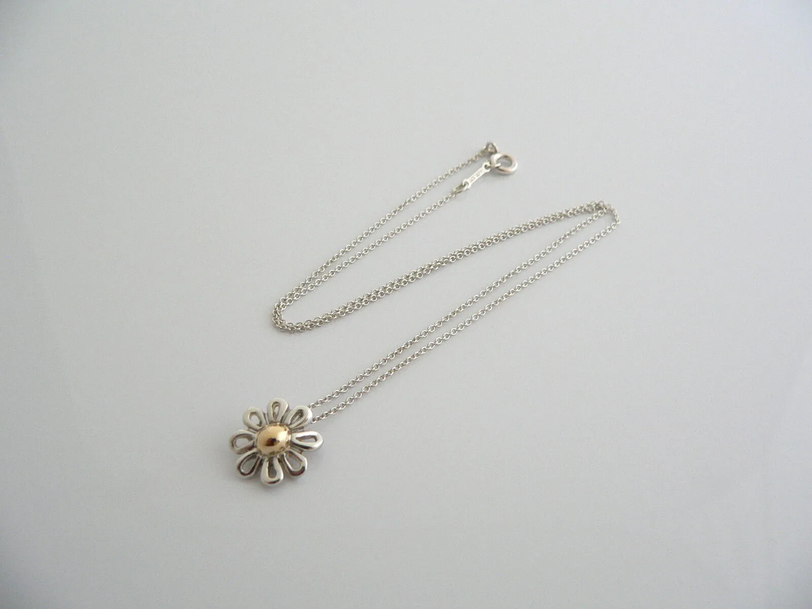 Tiffany & Co Silver Gold Daisy Flower Necklace Pendant Charm 16.25 In Chain Gift