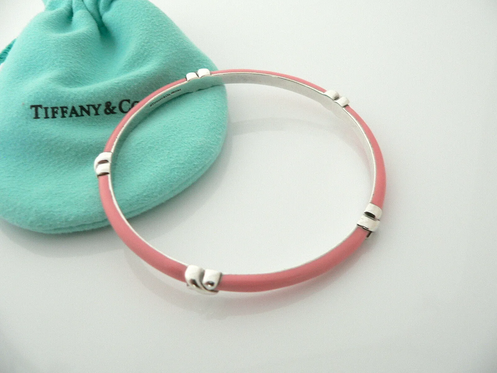 Tiffany & Co Silver Pink Enamel Signature X Bangle Bracelet Rare Gift Love Pouch