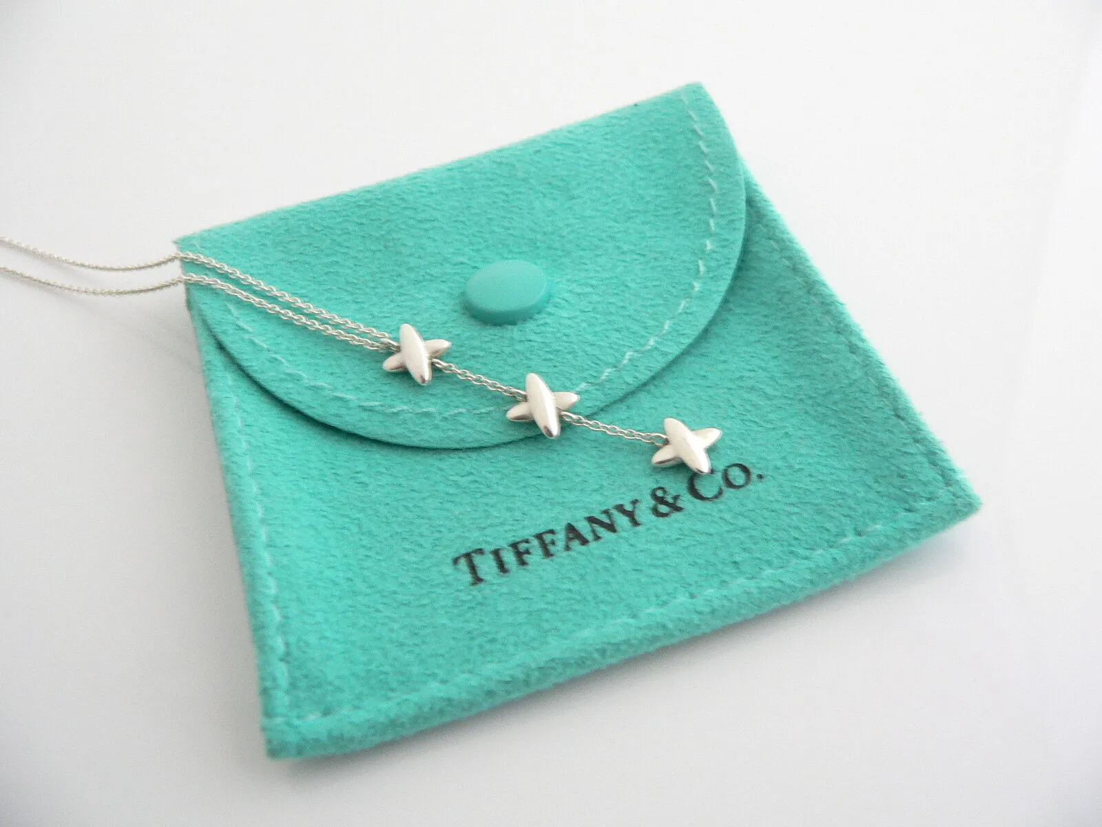 Tiffany & Co Silver Triple Signature Drop Dangle Dangling Necklace Pendant Chain