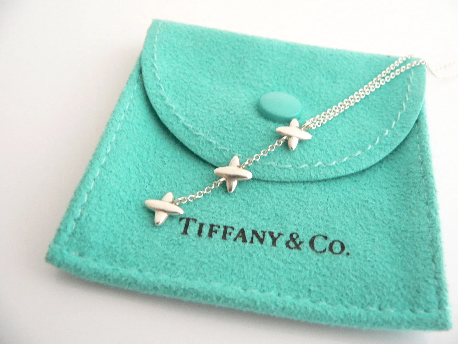 Tiffany & Co Silver Triple Signature Drop Dangle Dangling Necklace Pendant Chain