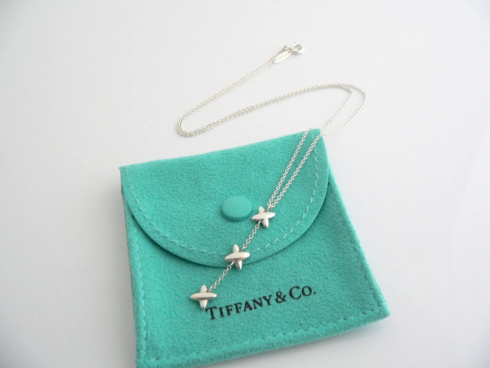 Tiffany & Co Silver Triple Signature Drop Dangle Dangling Necklace Pendant Chain