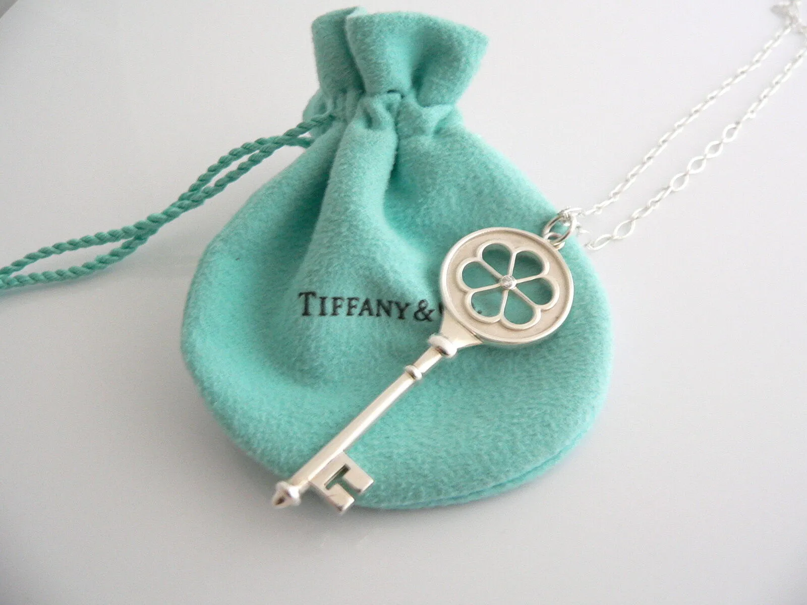 Tiffany Co Silver Diamond Blossom Key Necklace Pendant 24 inch Gift Love Pouch