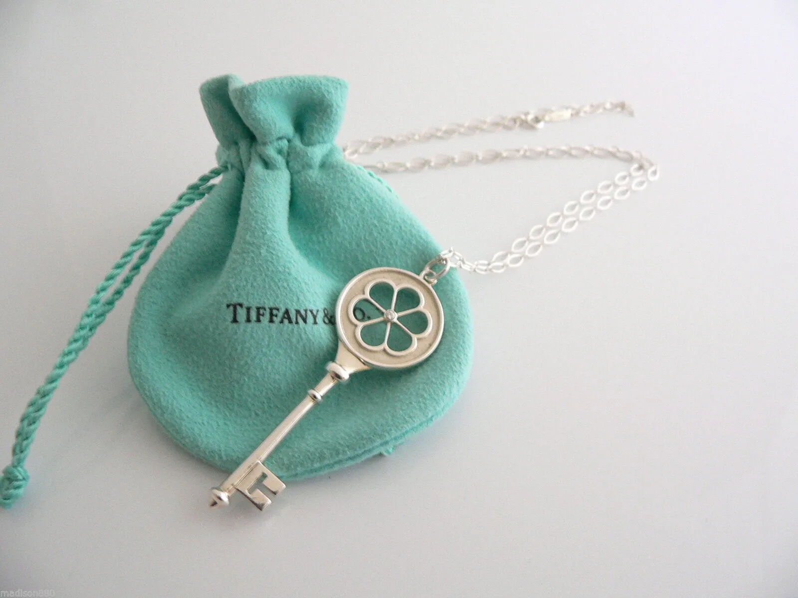 Tiffany Co Silver Diamond Blossom Key Necklace Pendant 24 inch Gift Love Pouch