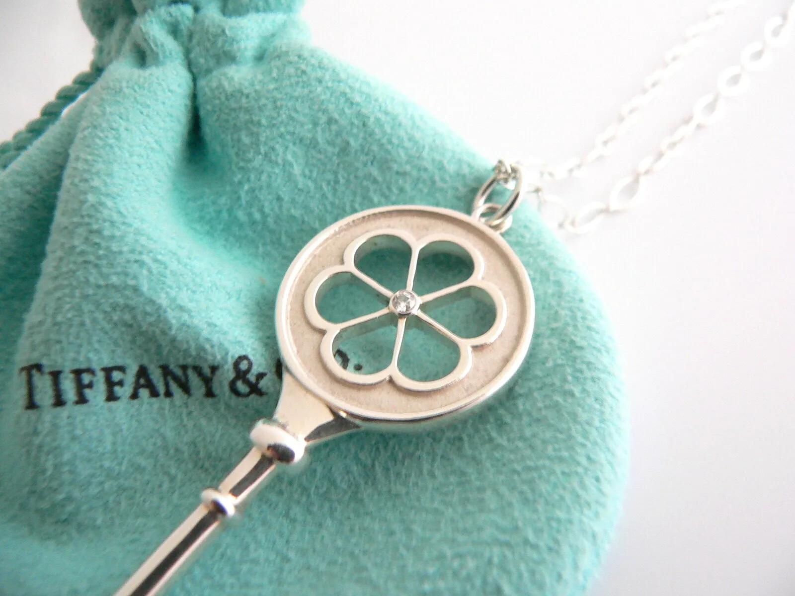 Tiffany Co Silver Diamond Blossom Key Necklace Pendant 24 inch Gift Love Pouch